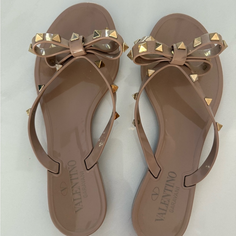 Valentino Garavani Women's Tan Sandals with Gold Studs
